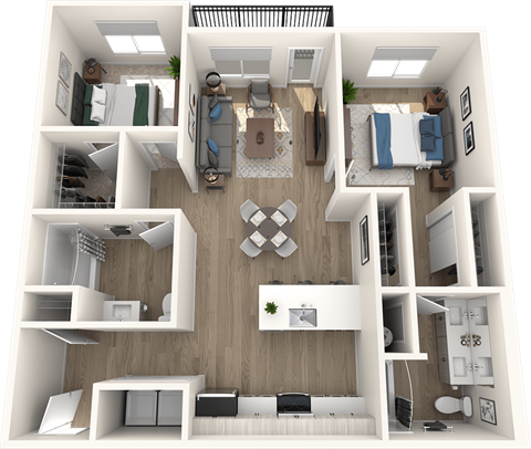 A 3D floor plan of a house with multiple rooms and furniture.